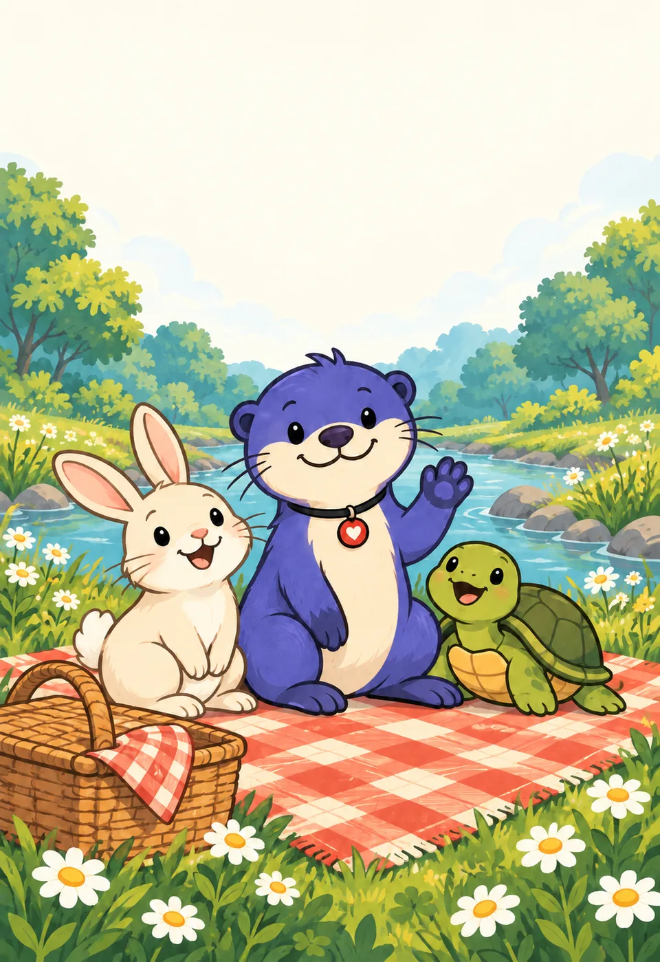 Kin, Rabbit and Turtle share a riverside picnic.