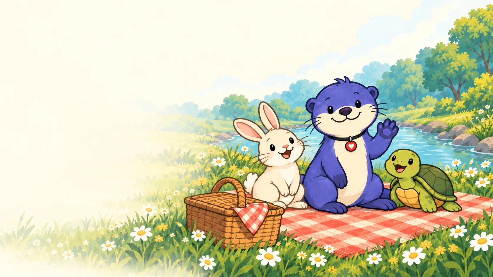 Kin, Rabbit and Turtle share a riverside picnic.