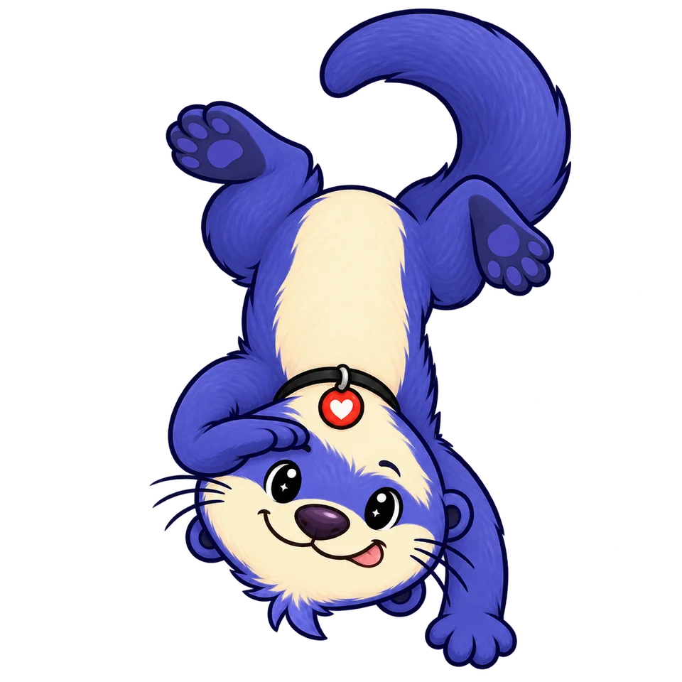 Kin looks at the world upside down with a curious grin.