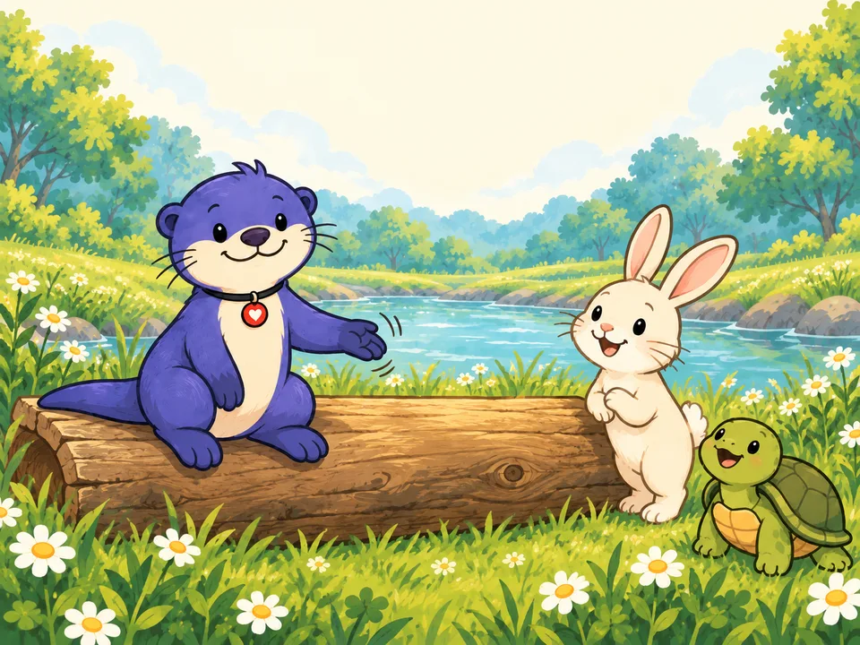 Kin makes room on a log for Rabbit while Turtle looks on.
